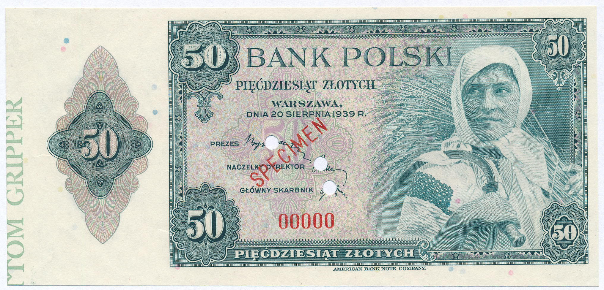 SPECIMEN 50 złotych 1939 - RZADKOŚĆ R8
